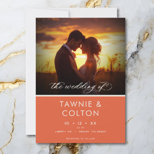 Modern Sunset Orange Script Photo Minimal Wedding