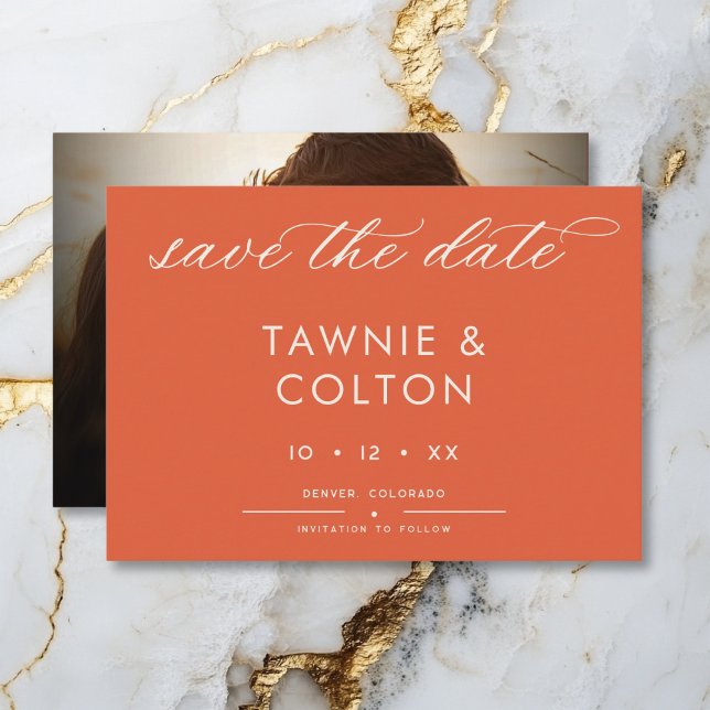 Modern Sunset Orange Script Photo Minimal Wedding Save The Date (Modern Sunset Orange Minimal Wedding Save the Date Card)
