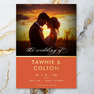 Modern Sunset Orange Script Photo Wedding Invitation