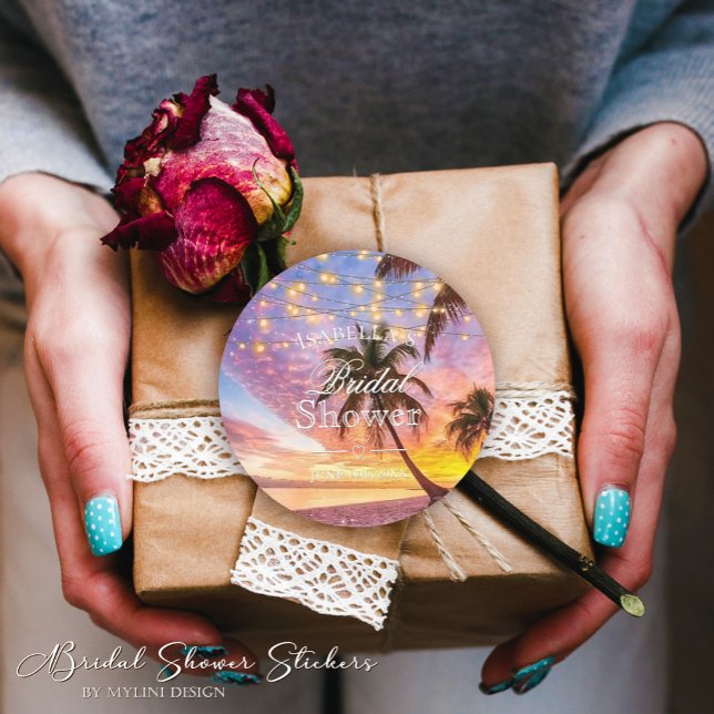 Modern Sunset & Stars Summer Beach Bridal Shower Classic Round Sticker (Creator Uploaded)