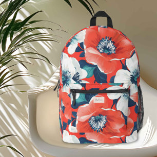 Modern Supersized Floral Blue and Red Monogram  Printed Backpack