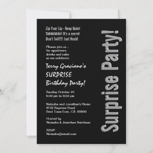 Modern SURPRISE Birthday Black Silver White Invitation