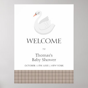 Modern Swan Plaid Gingham Boy Baby Shower Welcome Poster