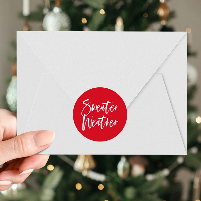 Modern Sweater Weather Script Red Holiday Classic Round Sticker (Creator Uploaded)