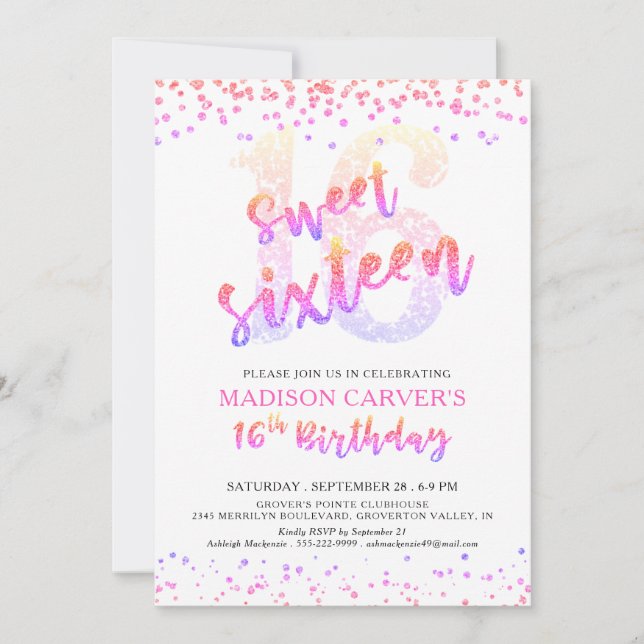 Modern Sweet 16 Birthday Pink Purple Glitter Invitation (Front)