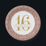 Modern Sweet 16 Birthday Rose Gold Pink Glitter Paper Plate<br><div class="desc">Sparkly rose gold pink glitter birthday party plate that can be customised with any age and the birthday girl's name,  or edit the text for whatever the celebration! These paper plates look chic,  modern and elegant for the sophisticated birthday party,  sweet sixteen,  or quinceanera.</div>