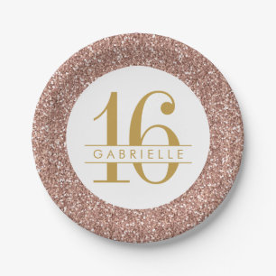 Modern Sweet 16 Birthday Rose Gold Pink Glitter Paper Plate