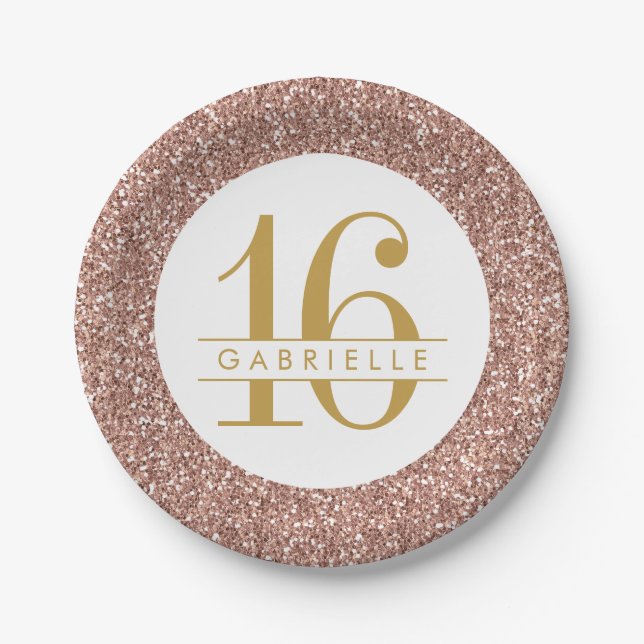Modern Sweet 16 Birthday Rose Gold Pink Glitter Paper Plate (Front)