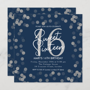 MODERN Sweet 16 Birthday Silver Chic Glitter Navy  Invitation