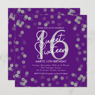 MODERN Sweet 16 Birthday Silver Glitter Purple Invitation