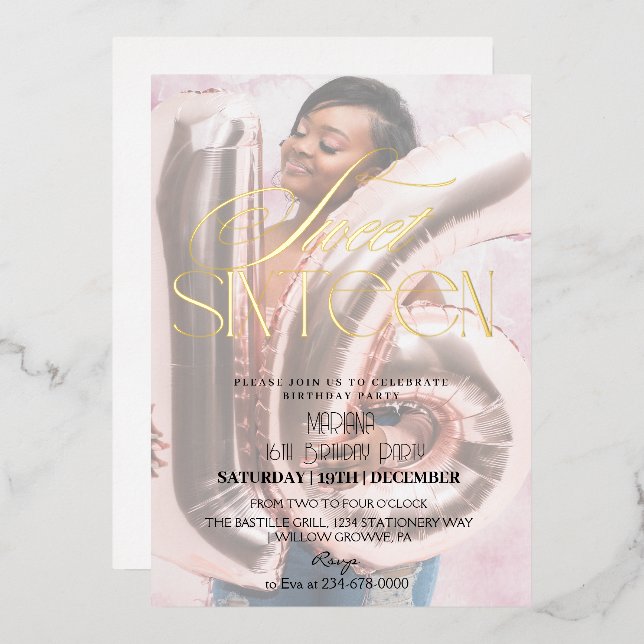 Modern Sweet 16 Black & Gold Photo Birthday (Front/Back)