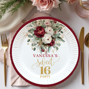 Modern Sweet 16 Blush Burgundy Floral Plates