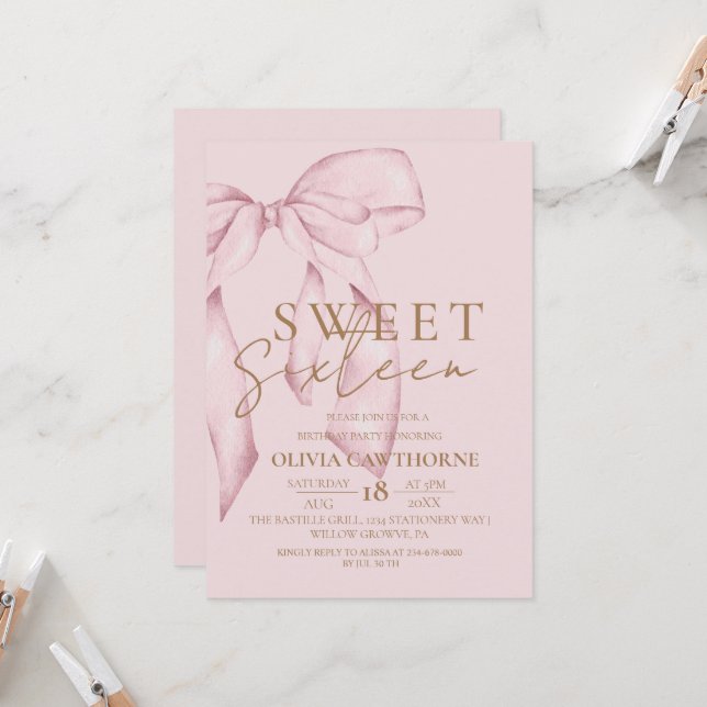 Modern Sweet 16 Blush Pink Bow Birthday  Invitation (Front/Back In Situ)