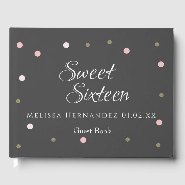 Modern Sweet 16 Blush Pink Glitter Confetti Dots Guest Book (Front)