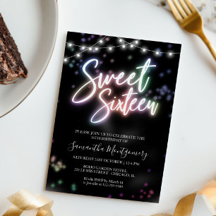 Modern Sweet 16 Colourful Neon Glow Party Invite