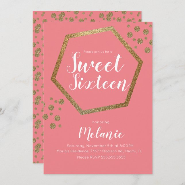 Modern Sweet 16 Glitter Faux Gold Geometric Bars Invitation (Front/Back)
