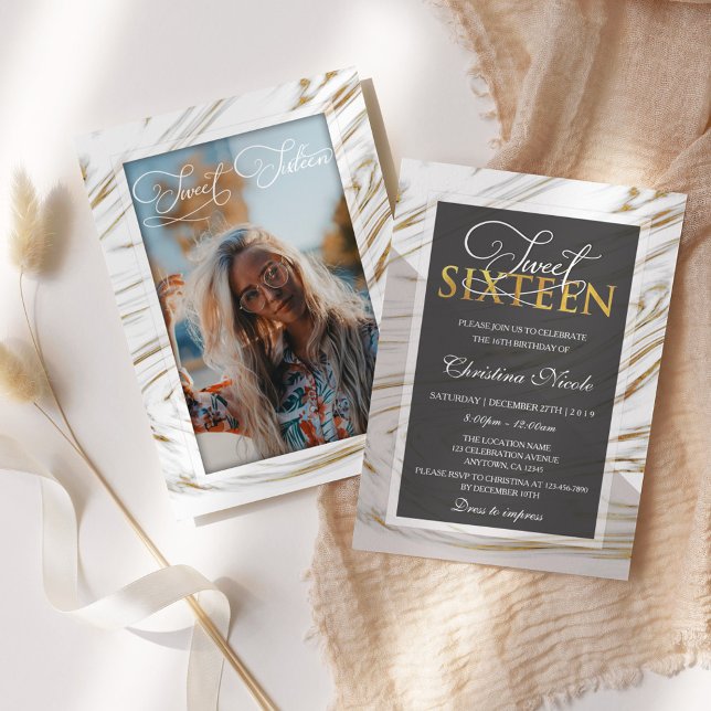 Modern Sweet 16 Gold Marble Grey Photo Invitation (Creator Uploaded)