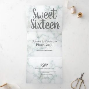 Modern Sweet 16 Marble and Grey Tri-Fold Invitation