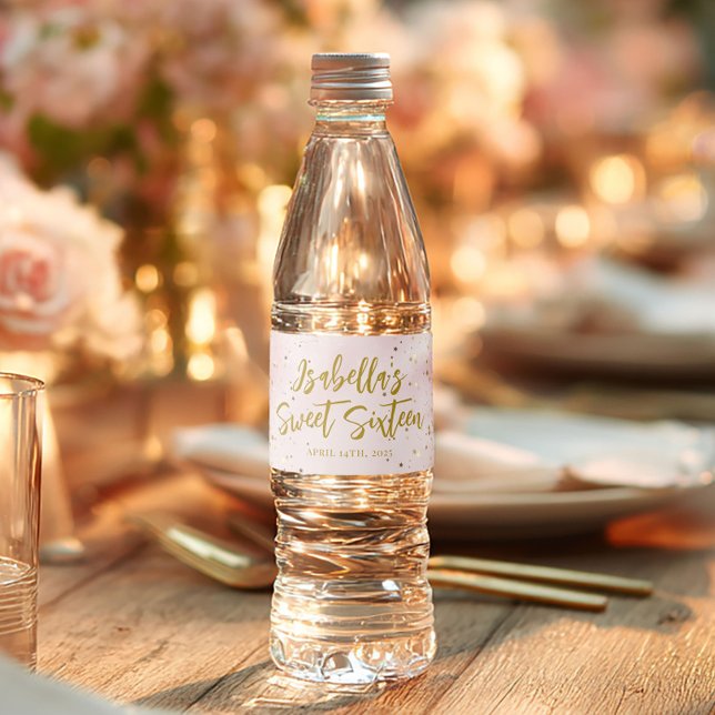Modern sweet 16 pink and gold balloons water bottle label (Creator Uploaded)