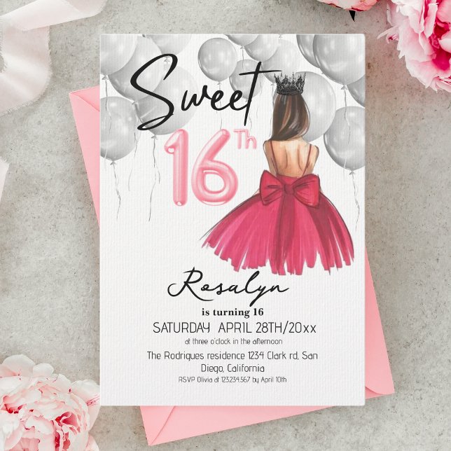 Modern Sweet 16 Pink Dress Crown Birthday Party Invitation (Creator Uploaded)