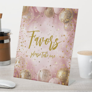 Modern sweet 16 pink gold balloons Favors Pedestal Sign