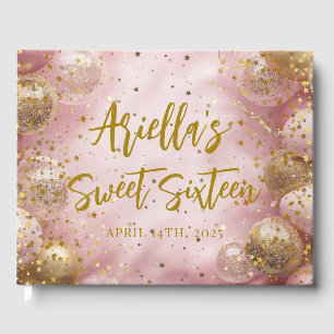 Modern sweet 16 pink gold balloons guest book