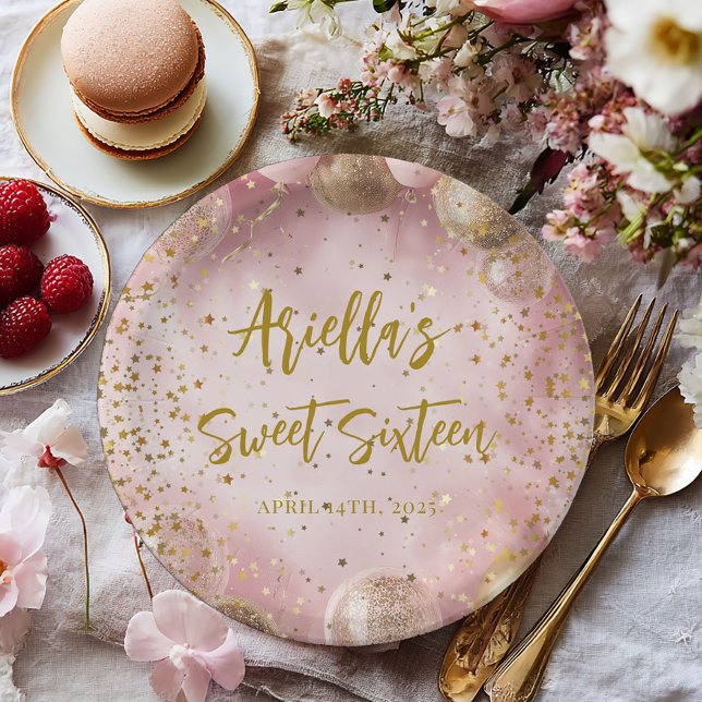 Modern sweet 16 pink gold balloons paper plate (Creator Uploaded)