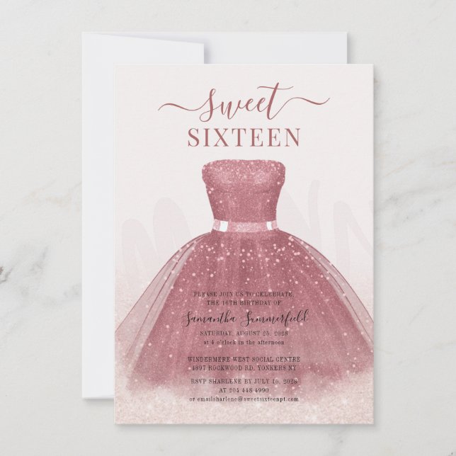 Modern Sweet 16 Rose Gold Birthday Party Invitation (Front)
