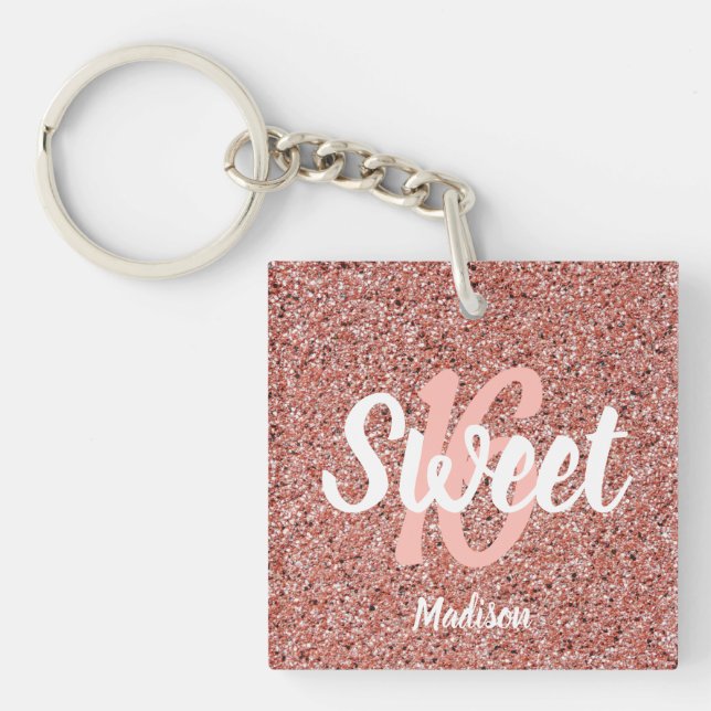 Modern Sweet 16 Rose Gold Glitter Personalised Key Ring (Front)
