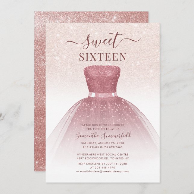 Modern Sweet 16 Rose Gold Script Glitter Birthday Invitation (Front/Back)