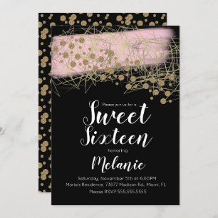 Modern Sweet 16 Rosita Gold Geometrical Black Invitation
