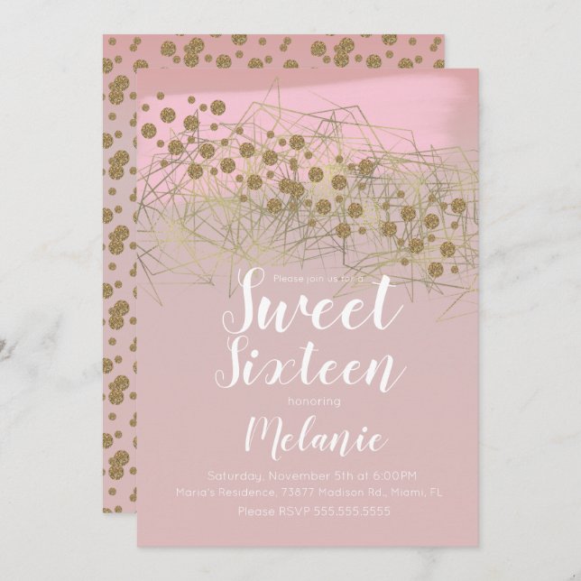 Modern Sweet 16 Rosita Gold Geometrical Blush Invitation (Front/Back)