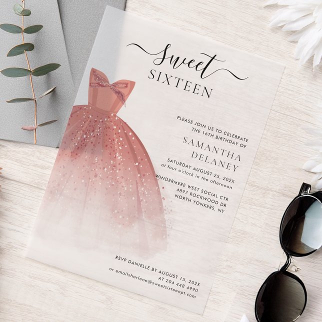 Modern Sweet 16 Script Birthday Party Vellum Invitations (Elegant Rose Gold Dress Sweet 16 Birthday Party Invitation)