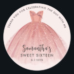 Modern Sweet 16 Script Dress Birthday Thank You Classic Round Sticker<br><div class="desc">Featuring a pretty blush pink dress with modern script,  this birthday thank you sticker is perfect for saying thanks to friends and family who celebrated the day with you. Easily replace the party details by clicking the "Personalise" button.</div>