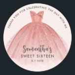 Modern Sweet 16 Script Dress Birthday Thank You Classic Round Sticker<br><div class="desc">Featuring a pretty blush pink dress with modern script,  this birthday thank you sticker is perfect for saying thanks to friends and family who celebrated the day with you. Easily replace the party details by clicking the "Personalise" button.</div>
