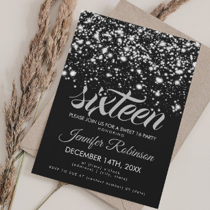 Modern Sweet 16 Silver & Black Midnight Glam Invitation