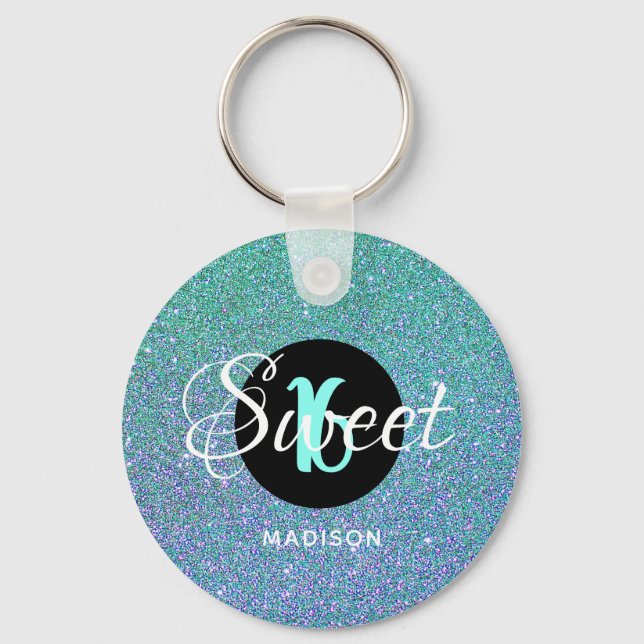 Modern Sweet 16 Teal Aqua Glitter Personalized Key Ring (Front)