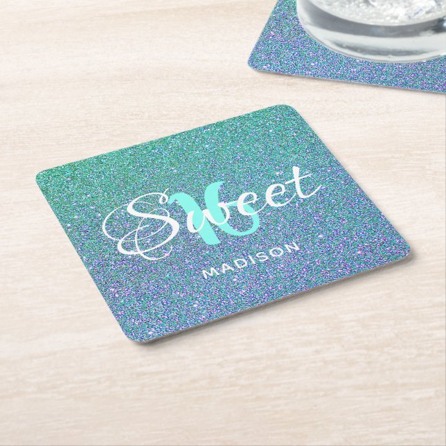 Modern Sweet 16 Teal Blue Glitter Personalised Square Paper Coaster (Angled)