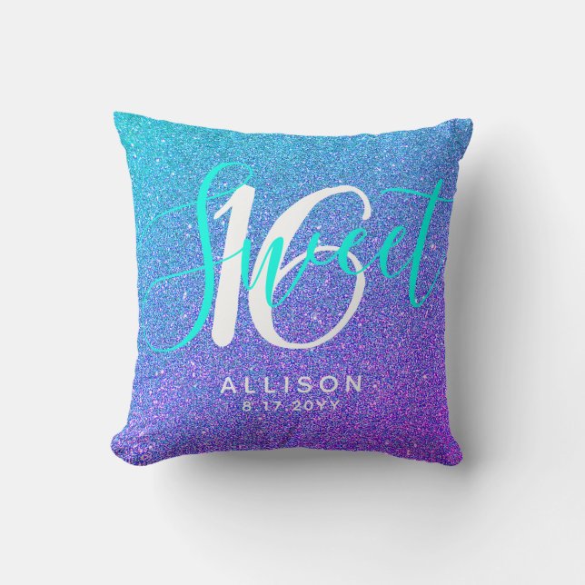 Modern Sweet 16 Teal Purple Glitter Personalised Cushion (Front)