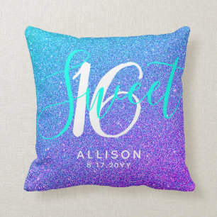 Modern Sweet 16 Teal Purple Glitter Personalised Cushion