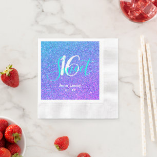 Modern Sweet 16 Teal Purple Glitter Personalised Napkin