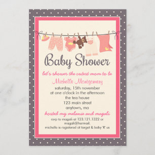 Modern Sweet Baby Clothes Line Girl Baby Shower Invitation