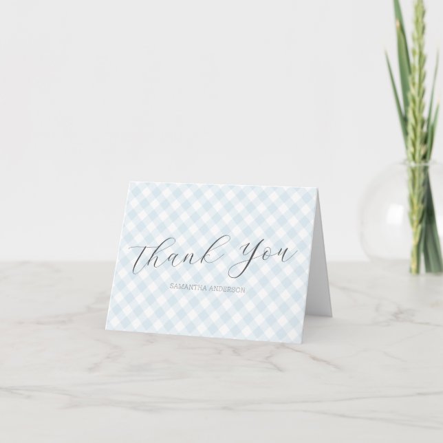 Modern + Sweet Blue Gingham Boy Baby Shower Thank You Card (Front)