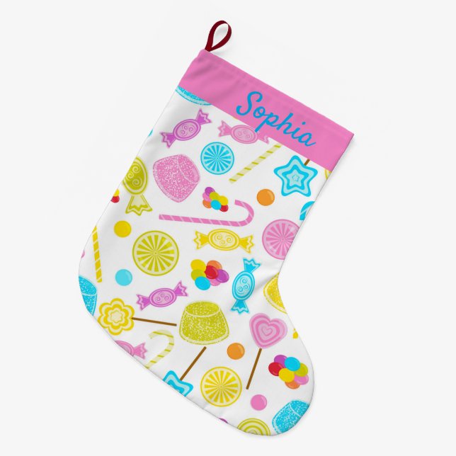 Modern Sweet Candy Pattern Cute Custom Name Large Christmas Stocking (Front (Hanging))