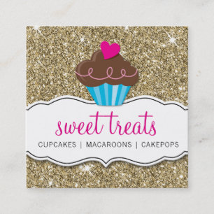 MODERN SWEET cute cupcake bakery pink gold glitter Square Business Card
