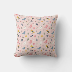 Modern Sweet Little Birds on Pink Cushion