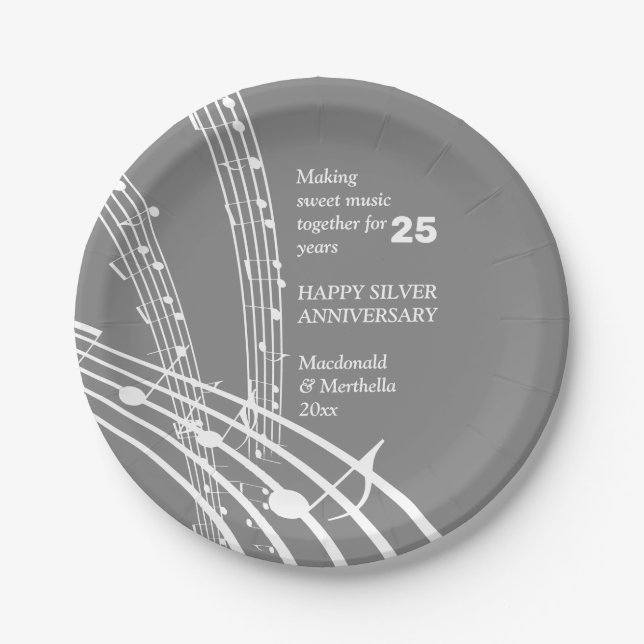 Modern SWEET MUSIC Happy Silver Anniversary Paper Plate (Front)
