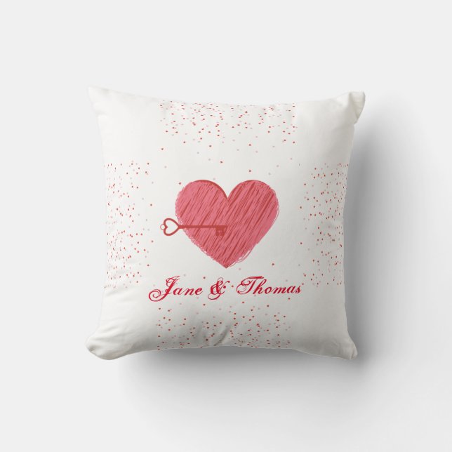 Modern Sweet Red Heart & Love Key Valentines Day Cushion (Front)