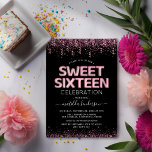 Modern Sweet Sixteen 16th Birthday Party Invitation<br><div class="desc">Modern 16th birthday party invitations featuring a stylish black background,  pink glitter and confetti,  sweet sixteen pink hellium balloons,  and a sixteenth birthday celebration template that is easy to personalise.</div>