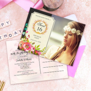 Modern Sweet Sixteen Birthday Flower Invitation